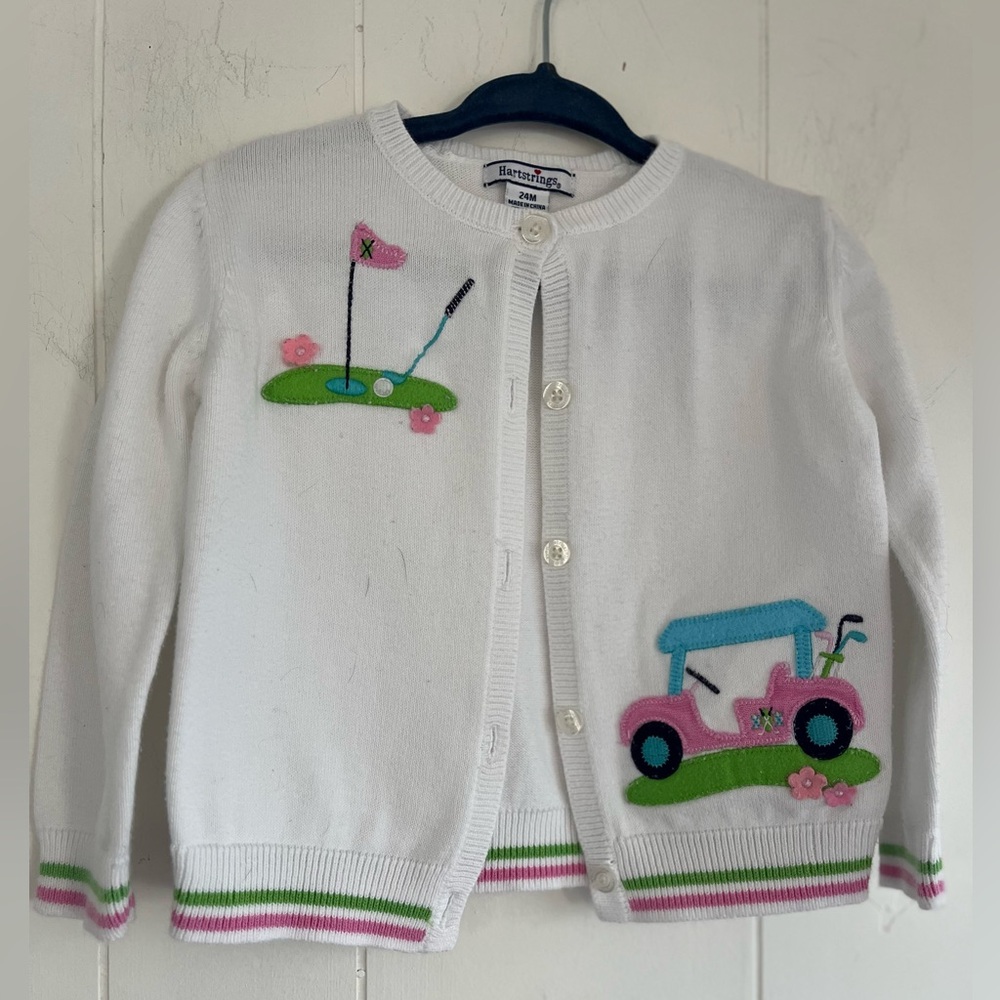Hartstrings White Girls Golf Cart Applique Cardigan Sweater Golf Clubs Sz 24 mos